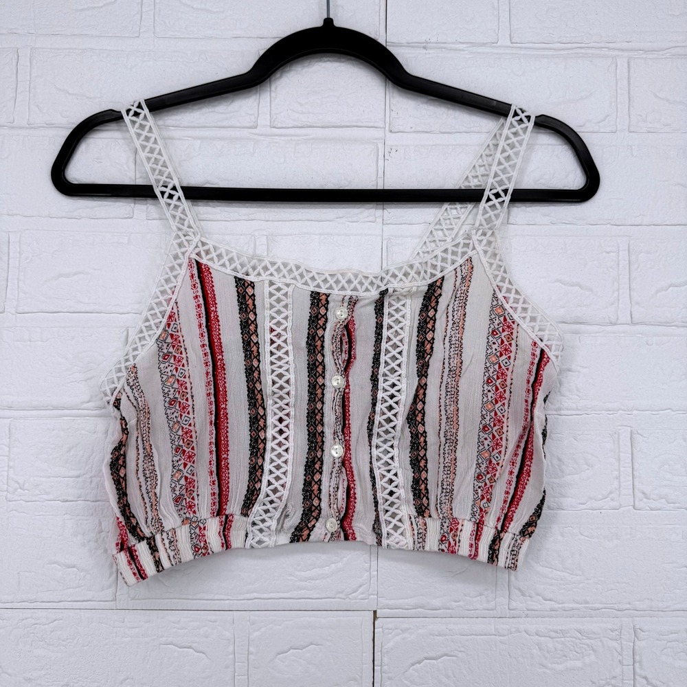 In The Beginning Crop Top Women Size M Boho Tribal Print Crochet Trim Cami